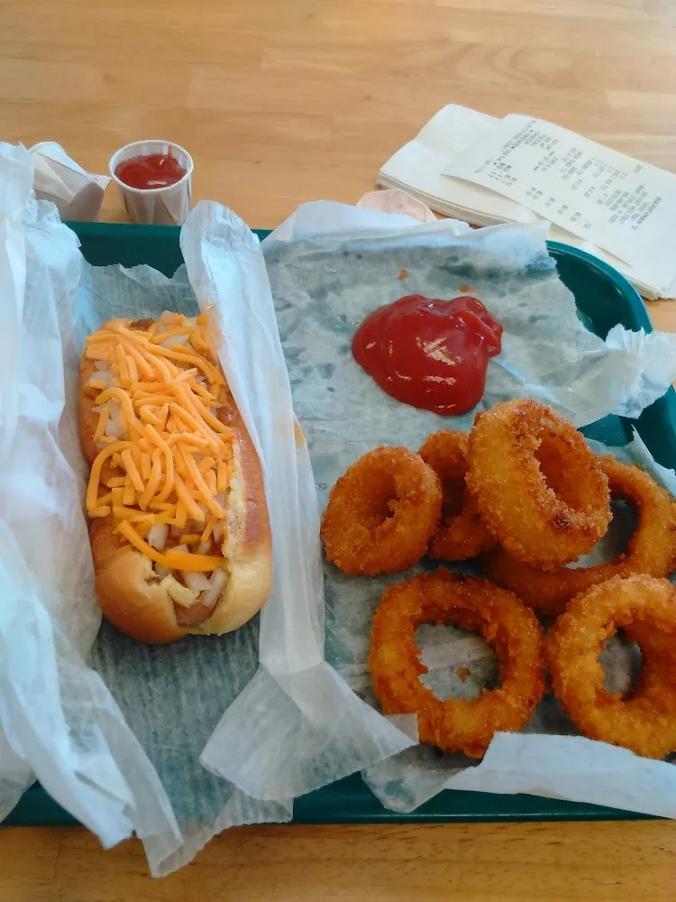 Chili Cheese Dog and Onion Rings